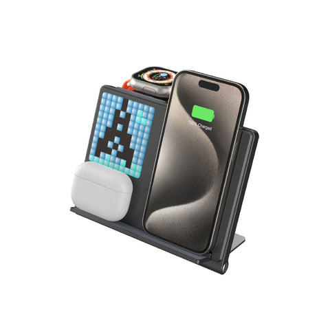 Trending Products Portable 5-in-1 Pixel Animation Foldable Wireless Charger Stand Pad for Mobile Phone Smart Watch Earphone